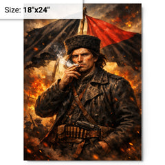 Nestor Makhno smoking beneath anarchist flags metal print on a plain backdrop in size 18"x24".