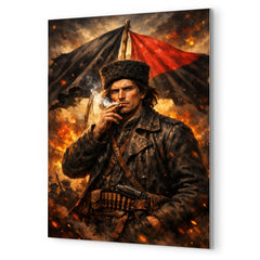 Nestor Makhno smoking beneath anarchist flags metal print mockup