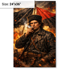 Nestor Makhno smoking beneath anarchist flags metal print on a plain backdrop in size 24"x36".