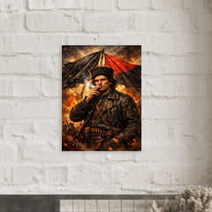 Nestor Makhno smoking beneath anarchist flags metal print mockup