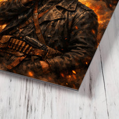 Nestor Makhno smoking beneath anarchist flags metal print mockup