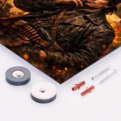Nestor Makhno smoking beneath anarchist flags metal print mockup