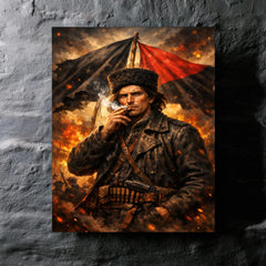 Nestor Makhno smoking beneath anarchist flags metal print mockup