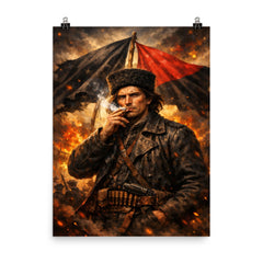 Nestor Makhno smoking beneath anarchist flags poster on a plain backdrop in size 8"x10".