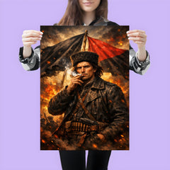 Nestor Makhno smoking beneath anarchist flags poster 3