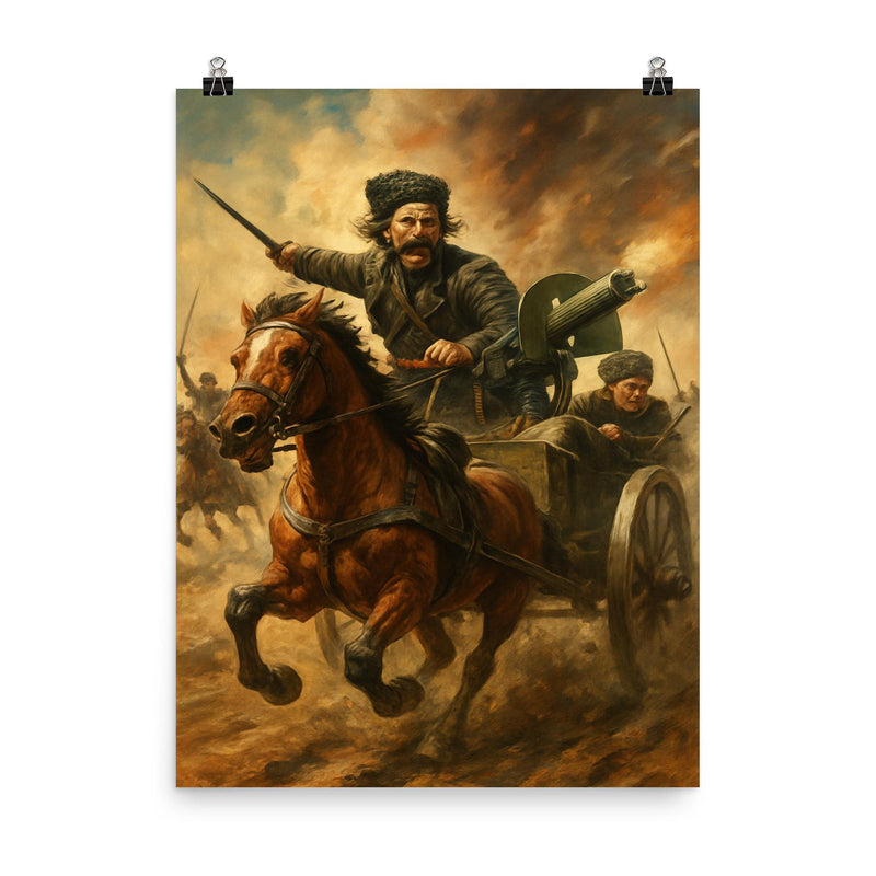 Nestor Makhno tachanka machine gun charge poster on a plain backdrop in size 8