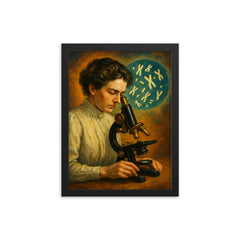 Nettie Stevens with chromosomes under microscope framed print on a plain backdrop in size 12"x16".