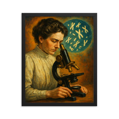 Nettie Stevens with chromosomes under microscope framed print on a plain backdrop in size 16"x20".