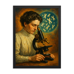 Nettie Stevens with chromosomes under microscope framed print on a plain backdrop in size 18"x24".