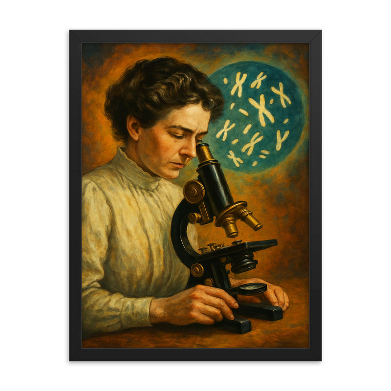 Nettie Stevens with chromosomes under microscope framed print on a plain backdrop in size 18