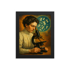 Nettie Stevens with chromosomes under microscope framed print on a plain backdrop in size 8"x10".