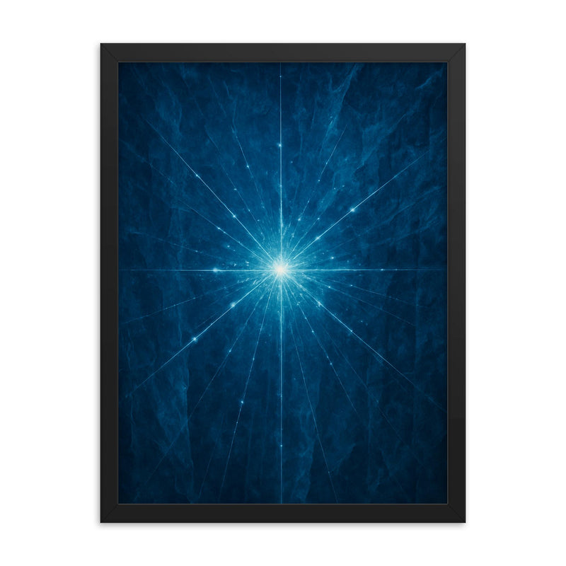 Neutrino tracks through Antarctic blue ice framed print on a plain backdrop in size 18