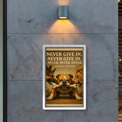 Never Give In Winston Churchill Quote Stubborn Bulldog Holding Bone Inspiring Poster.jpg poster 2