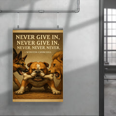 Never Give In Winston Churchill Quote Stubborn Bulldog Holding Bone Inspiring Poster.jpg poster 4