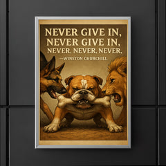 Never Give In Winston Churchill Quote Stubborn Bulldog Holding Bone Inspiring Poster.jpg poster 5