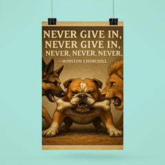 Never Give In Winston Churchill Quote Stubborn Bulldog Holding Bone Inspiring Poster.jpg poster 6