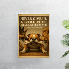 Never Give In Winston Churchill Quote Stubborn Bulldog Holding Bone Inspiring Poster.jpg poster 7