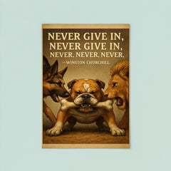 Never Give In Winston Churchill Quote Stubborn Bulldog Holding Bone Inspiring Poster.jpg poster 8