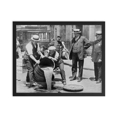 New York City Police raiding bootleg liquor during the Prohibition era, New York City, 1921 framed print on a plain backdrop in size 16"x20".