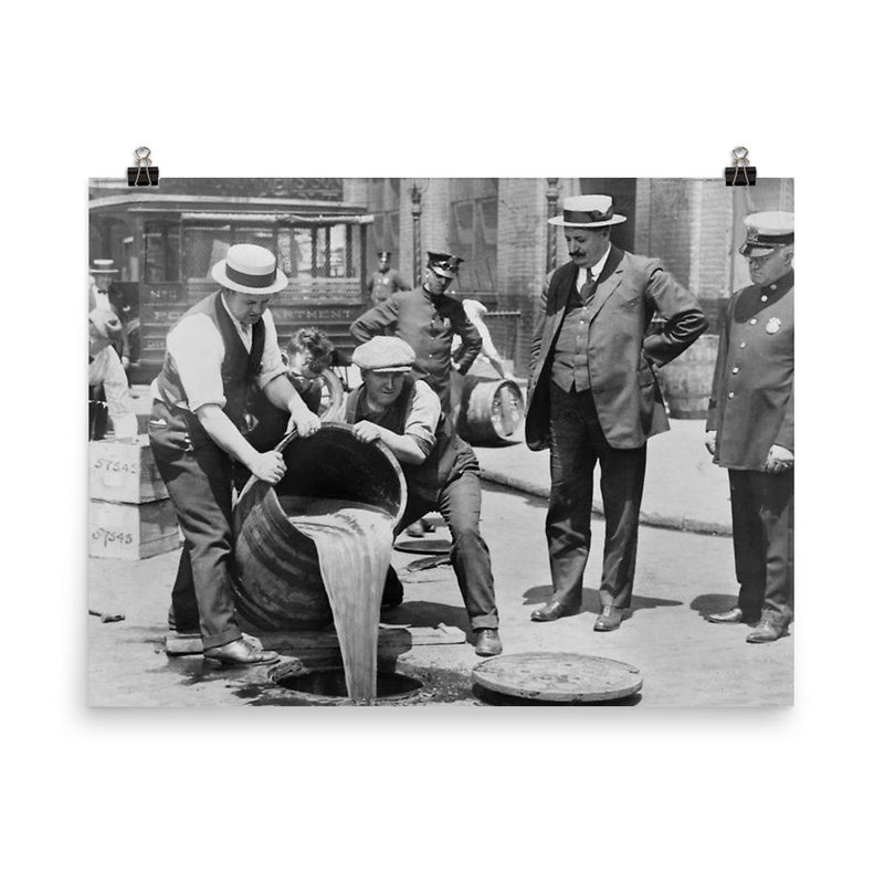 New York City Police raiding bootleg liquor during the Prohibition era, New York City, 1921 poster on a plain backdrop in size 8