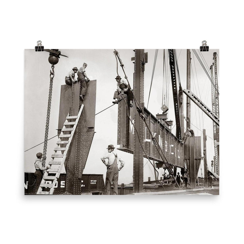 New York City steelworkers - vintage photograph of Steelworkers on the Consolidated Gas Company building maneuvering a large girder into place, New York, 1913 poster on a plain backdrop in size 8