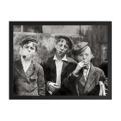 Newsies (newspaper boys) pose for a portrait while smoking - St Louis, Missouri, 1910 framed print on a plain backdrop in size 18"x24".