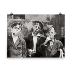 Newsies (newspaper boys) pose for a portrait while smoking - St Louis, Missouri, 1910 poster on a plain backdrop in size 8"x10".