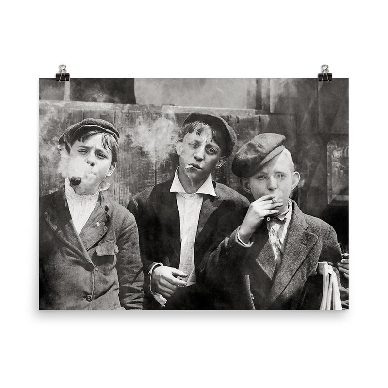 Newsies (newspaper boys) pose for a portrait while smoking - St Louis, Missouri, 1910 poster on a plain backdrop in size 8