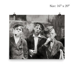 Newsies (newspaper boys) pose for a portrait while smoking - St Louis, Missouri, 1910 poster 2