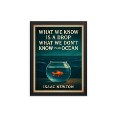 Newton quote drop ocean tiny fish fishbowl framed print on a plain backdrop in size 12"x16".