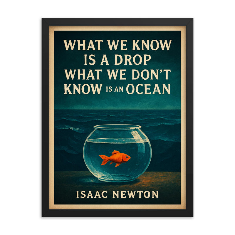 Newton quote drop ocean tiny fish fishbowl framed print on a plain backdrop in size 18