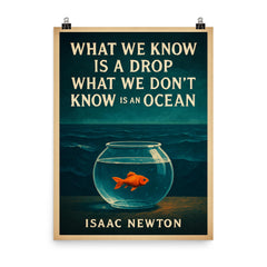 Newton quote drop ocean tiny fish fishbowl poster on a plain backdrop in size 8"x10".