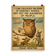 newton quote motion of heavenly bodies madness of people poster on a plain backdrop in size 8"x10".