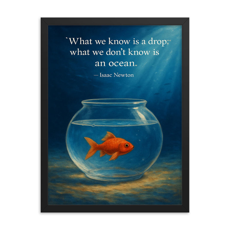 newton quote what we know is a drop fishbowl and ocean inspiring poster framed print on a plain backdrop in size 18
