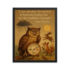 newton quote wise owl predicts weather confused by people inspiring poster framed print on a plain backdrop in size 16"x20".