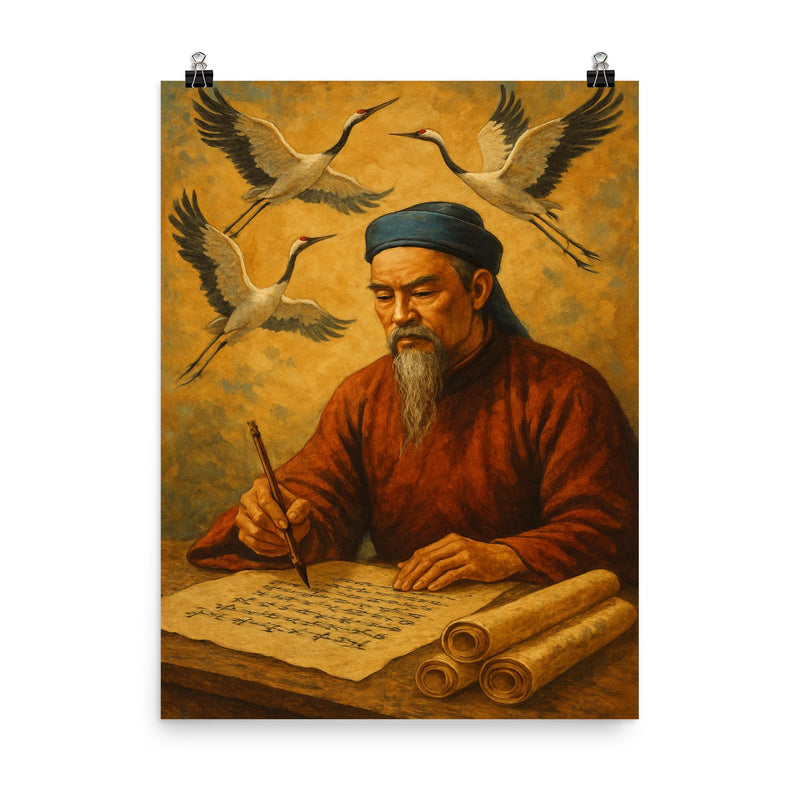 Nguyễn Trãi beneath cranes and state documents poster on a plain backdrop in size 8