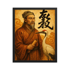 Nguyễn Trãi beside a crane and calligraphy framed print on a plain backdrop in size 16"x20".