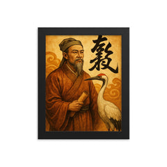 Nguyễn Trãi beside a crane and calligraphy framed print on a plain backdrop in size 8"x10".