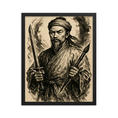 Nguyễn Trãi scholar warrior ink portrait framed print on a plain backdrop in size 16"x20".