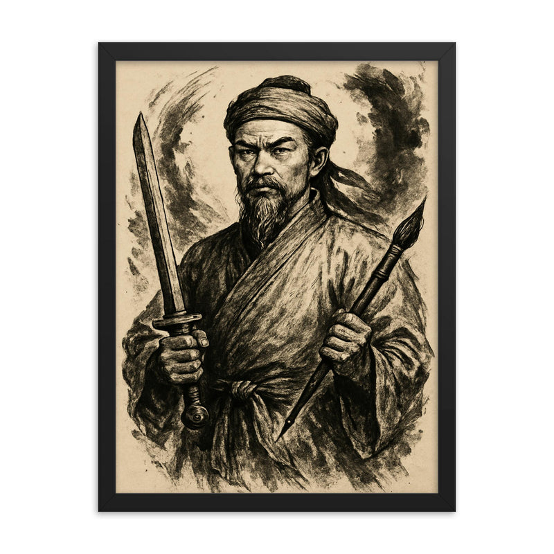 Nguyễn Trãi scholar warrior ink portrait framed print on a plain backdrop in size 18