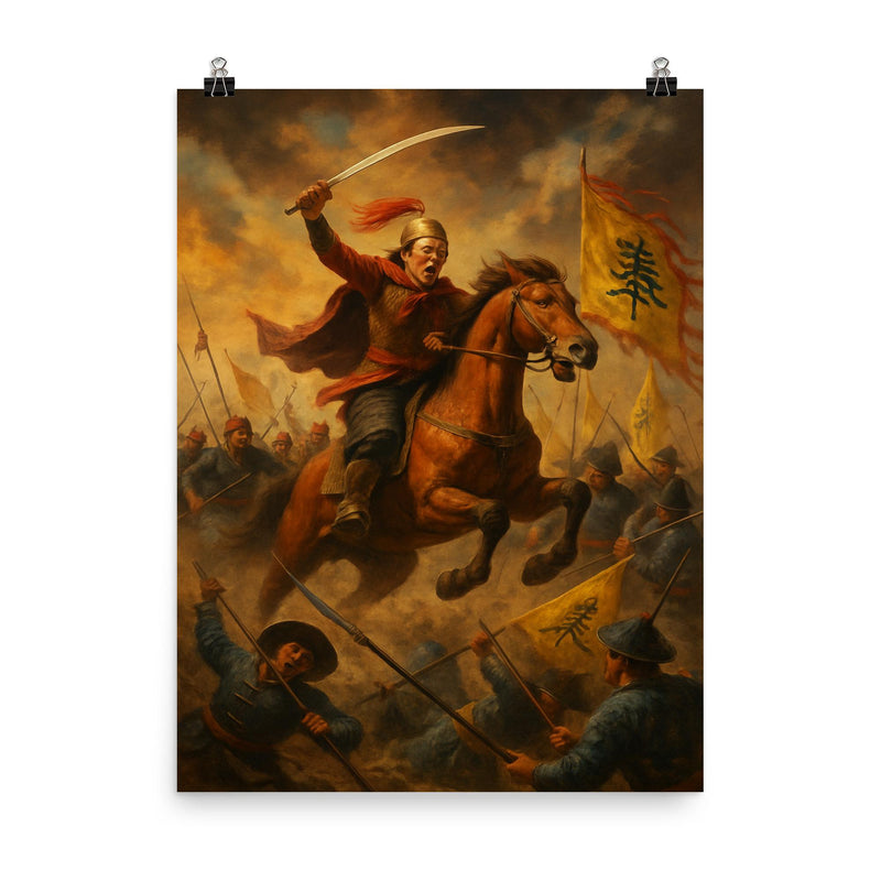 Nguyen Hue charging Qing banners poster on a plain backdrop in size 8