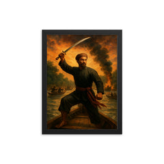 Nguyen Trung Truc sword raised above river ambush framed print on a plain backdrop in size 12"x16".