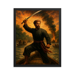 Nguyen Trung Truc sword raised above river ambush framed print on a plain backdrop in size 16"x20".