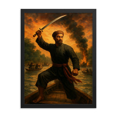 Nguyen Trung Truc sword raised above river ambush framed print on a plain backdrop in size 18"x24".