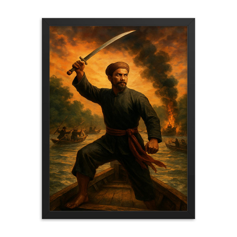 Nguyen Trung Truc sword raised above river ambush framed print on a plain backdrop in size 18