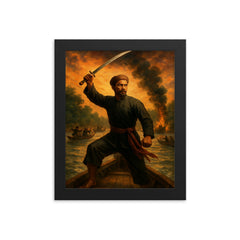 Nguyen Trung Truc sword raised above river ambush framed print on a plain backdrop in size 8"x10".