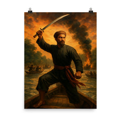 Nguyen Trung Truc sword raised above river ambush poster on a plain backdrop in size 8"x10".