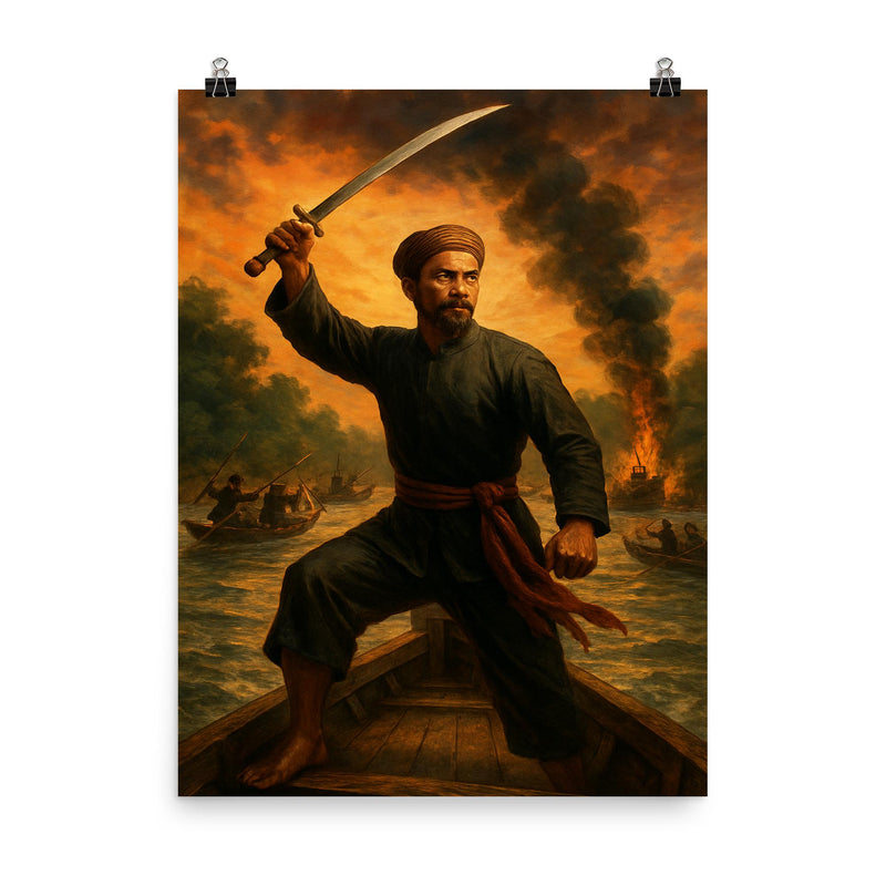 Nguyen Trung Truc sword raised above river ambush poster on a plain backdrop in size 8