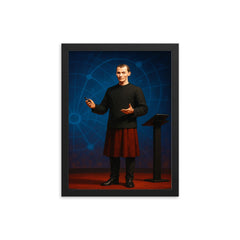 Niccolò Machiavelli giving a presentation on a stage like a modern tech talk framed print on a plain backdrop in size 12"x16".