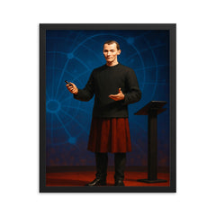 Niccolò Machiavelli giving a presentation on a stage like a modern tech talk framed print on a plain backdrop in size 16"x20".